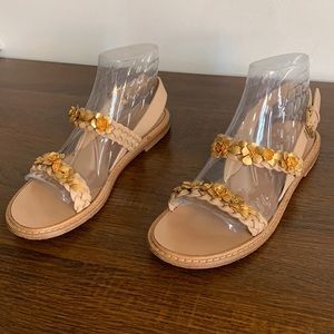 AUTHENTIC VALENTINO tan brown braided gold metal flower embellished sandals